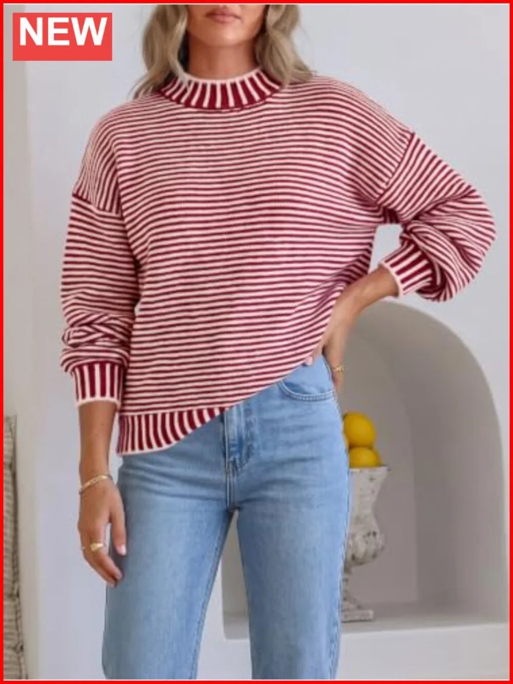 Chunky Knit Striped Sweater Oversized Drop Shoulder Crew Neck Pullover